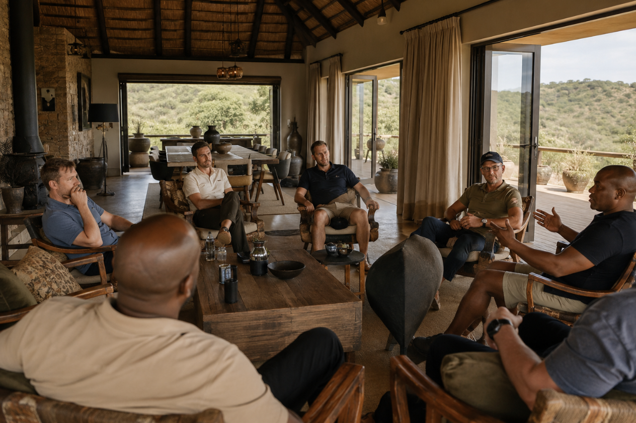 A small group of men in a facilitated coaching circle in a five-star lodge at the foot of Kilimanjaro