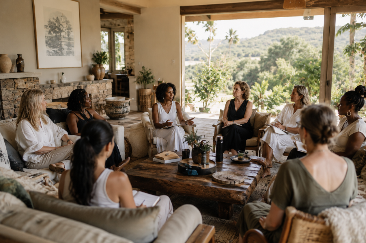 A circle of women in a facilitated coaching session in a five-star lodge at the foot of Kilimanjaro
